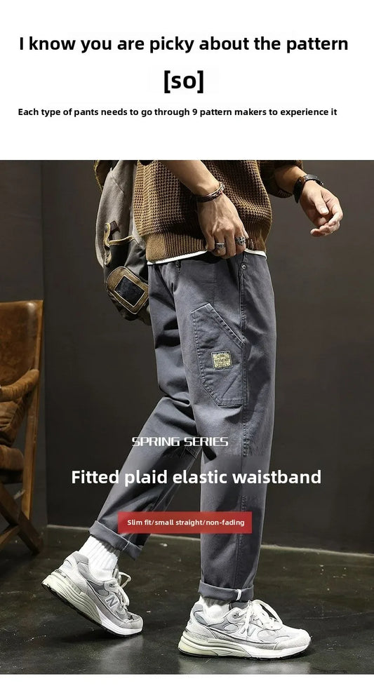 Autumn Winter Men's Vintage Slim Pants Fashion Business Casual Cotton Solid Straight Elastic Waist Trousers Male Brand Clothing