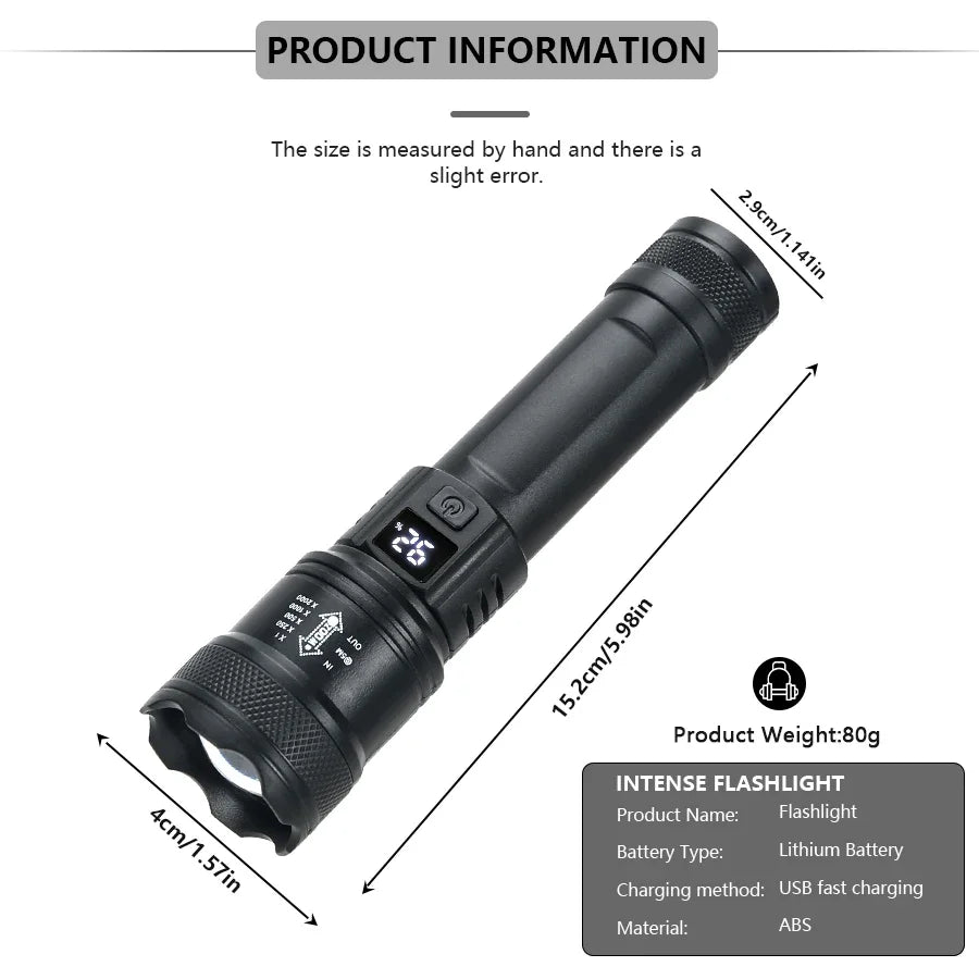 2000LM LED Tactical Flashlight USB Rechargeable High-Brightness Torch for Outdoor & Emergency Use