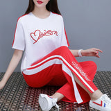 Women’s Casual Sports Suit – 2-Piece Summer Set, Short Sleeve Top & Wide Leg Pants | بدلة رياضية نسائية كاجوال – طقم مكون من قطعتين، قميص بأكمام قصيرة وسروال واسع