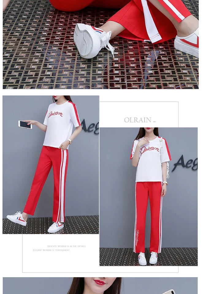 Women’s Casual Sports Suit – 2-Piece Summer Set, Short Sleeve Top & Wide Leg Pants | بدلة رياضية نسائية كاجوال – طقم مكون من قطعتين، قميص بأكمام قصيرة وسروال واسع