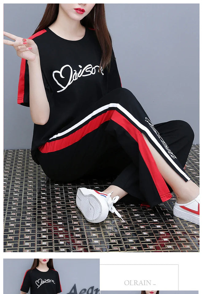 Women’s Casual Sports Suit – 2-Piece Summer Set, Short Sleeve Top & Wide Leg Pants | بدلة رياضية نسائية كاجوال – طقم مكون من قطعتين، قميص بأكمام قصيرة وسروال واسع