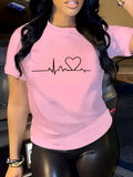 Heart Print Women’s T-Shirt – Short Sleeve, Crew Neck | تي شيرت نسائي بطبعة قلب – كم قصير، ياقة مستديرة