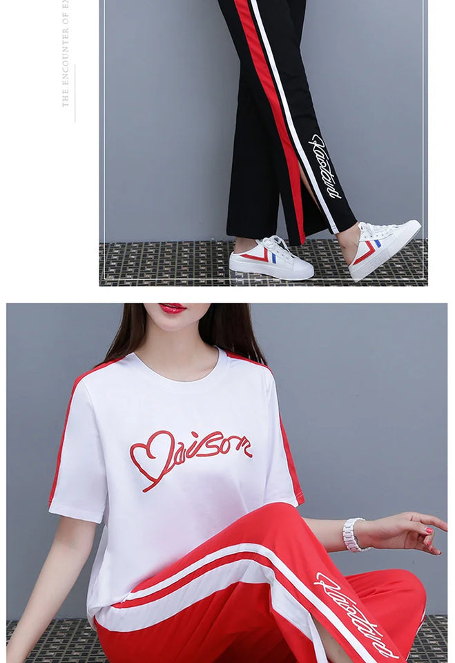 Women’s Casual Sports Suit – 2-Piece Summer Set, Short Sleeve Top & Wide Leg Pants | بدلة رياضية نسائية كاجوال – طقم مكون من قطعتين، قميص بأكمام قصيرة وسروال واسع