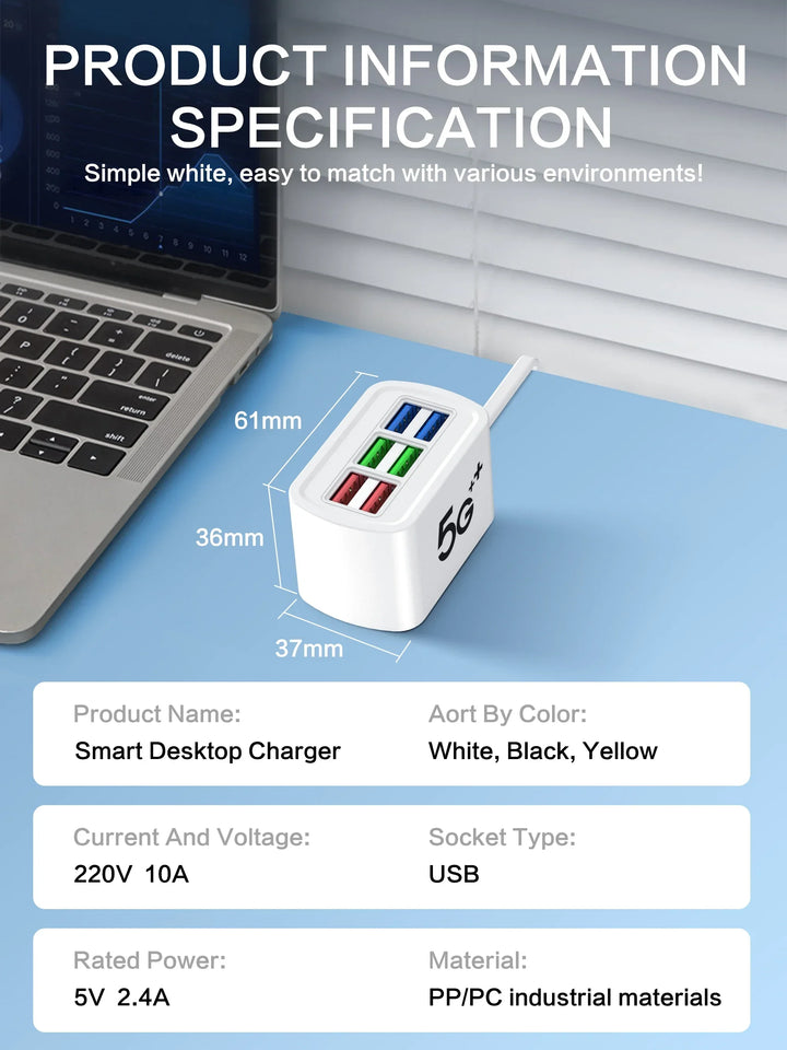Fast USB Charger 6-in-1 Desktop Charging Station – 1m Cord, USB Hub | شاحن USB سريع 6 في 1 – محطة شحن مكتبية، سلك 1م، هاب USB