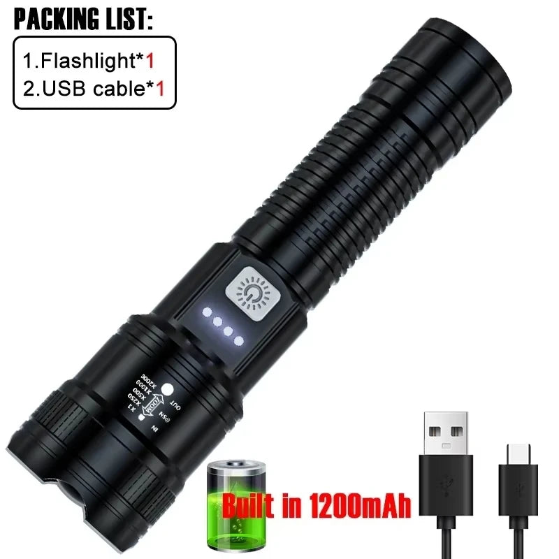 2000LM LED Tactical Flashlight USB Rechargeable High-Brightness Torch for Outdoor & Emergency Use