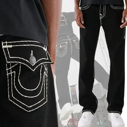 Vintage Hip Hop Street Leisure Denim Pants Buddha Y2k Gothic Fashion Embroidered Straight Leg Wide Leg Jeans Men Clothing