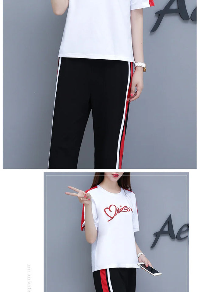 Women’s Casual Sports Suit – 2-Piece Summer Set, Short Sleeve Top & Wide Leg Pants | بدلة رياضية نسائية كاجوال – طقم مكون من قطعتين، قميص بأكمام قصيرة وسروال واسع