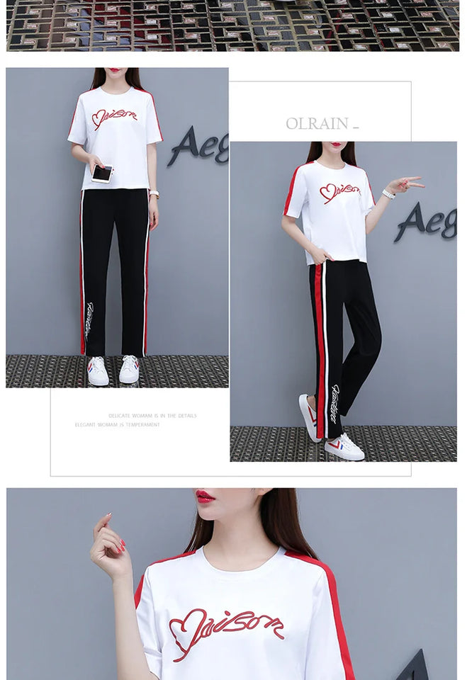 Women’s Casual Sports Suit – 2-Piece Summer Set, Short Sleeve Top & Wide Leg Pants | بدلة رياضية نسائية كاجوال – طقم مكون من قطعتين، قميص بأكمام قصيرة وسروال واسع