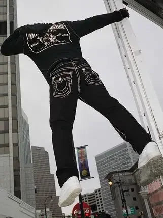 Vintage Hip Hop Street Leisure Denim Pants Buddha Y2k Gothic Fashion Embroidered Straight Leg Wide Leg Jeans Men Clothing