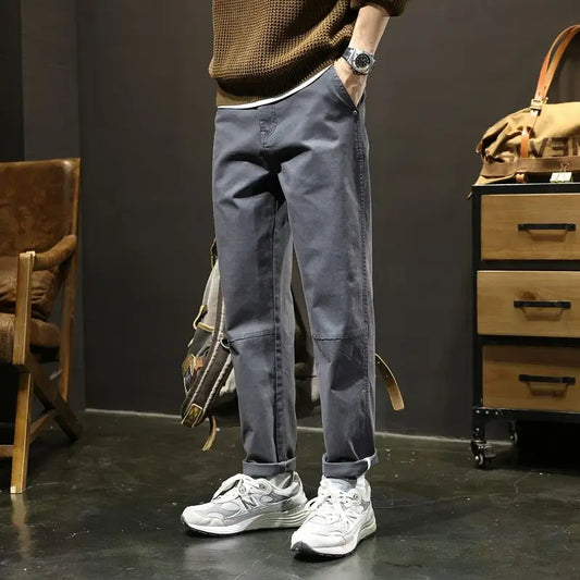 Autumn Winter Men's Vintage Slim Pants Fashion Business Casual Cotton Solid Straight Elastic Waist Trousers Male Brand Clothing