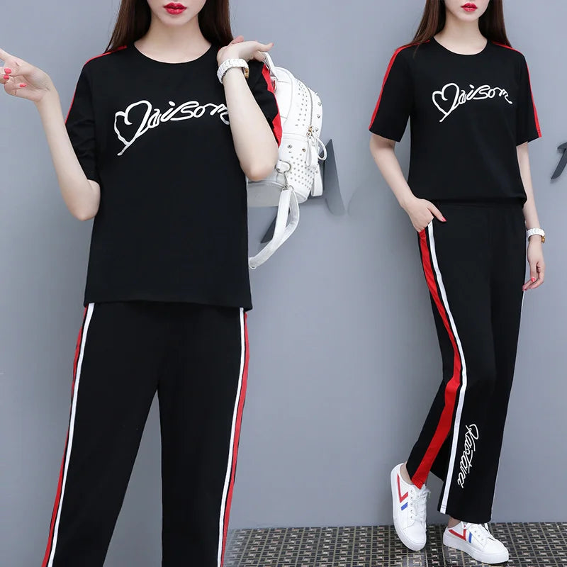 Women’s Casual Sports Suit – 2-Piece Summer Set, Short Sleeve Top & Wide Leg Pants | بدلة رياضية نسائية كاجوال – طقم مكون من قطعتين، قميص بأكمام قصيرة وسروال واسع