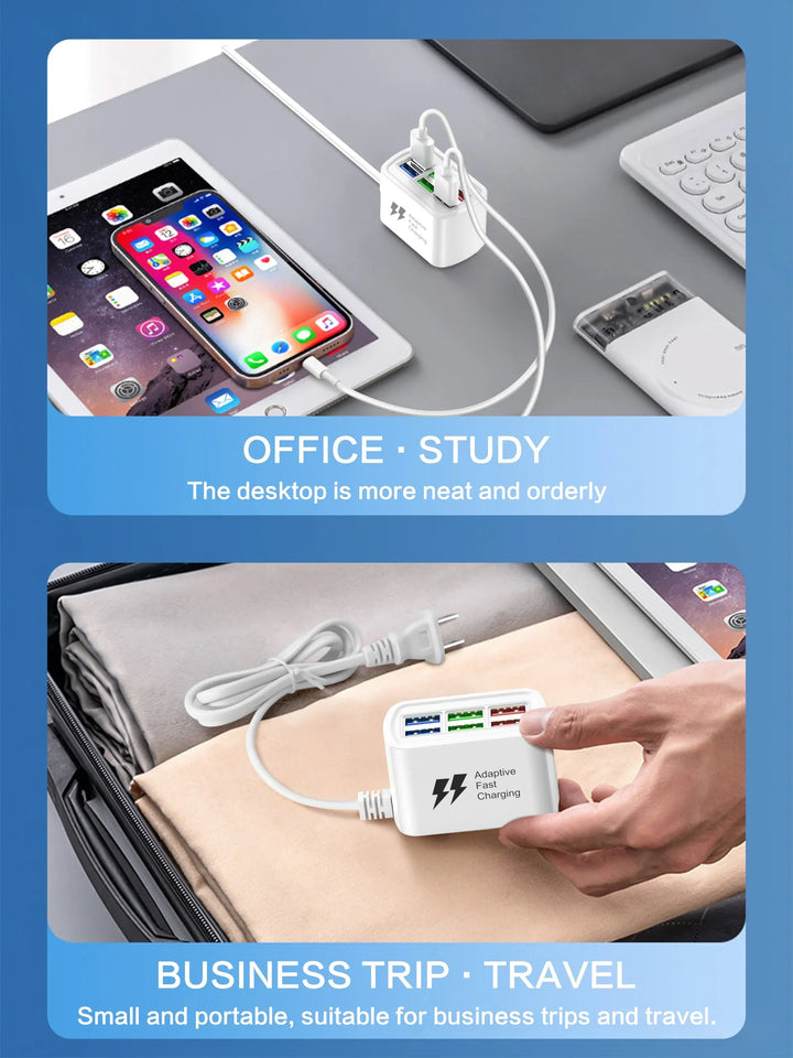 Fast USB Charger 6-in-1 Desktop Charging Station – 1m Cord, USB Hub | شاحن USB سريع 6 في 1 – محطة شحن مكتبية، سلك 1م، هاب USB