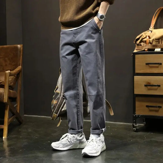 Autumn Winter Men's Vintage Slim Pants Fashion Business Casual Cotton Solid Straight Elastic Waist Trousers Male Brand Clothing