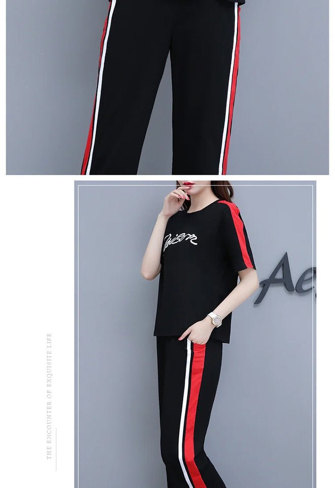Women’s Casual Sports Suit – 2-Piece Summer Set, Short Sleeve Top & Wide Leg Pants | بدلة رياضية نسائية كاجوال – طقم مكون من قطعتين، قميص بأكمام قصيرة وسروال واسع
