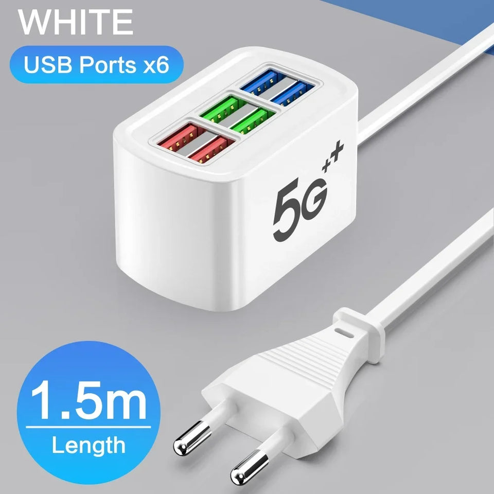 Fast USB Charger 6-in-1 Desktop Charging Station – 1m Cord, USB Hub | شاحن USB سريع 6 في 1 – محطة شحن مكتبية، سلك 1م، هاب USB