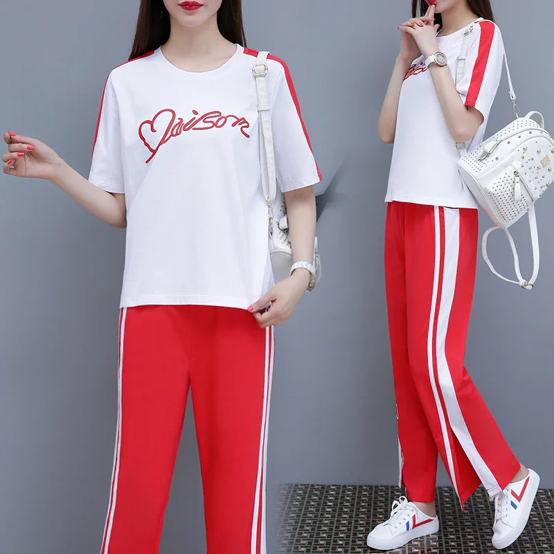 Women’s Casual Sports Suit – 2-Piece Summer Set, Short Sleeve Top & Wide Leg Pants | بدلة رياضية نسائية كاجوال – طقم مكون من قطعتين، قميص بأكمام قصيرة وسروال واسع