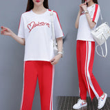 Women’s Casual Sports Suit – 2-Piece Summer Set, Short Sleeve Top & Wide Leg Pants | بدلة رياضية نسائية كاجوال – طقم مكون من قطعتين، قميص بأكمام قصيرة وسروال واسع