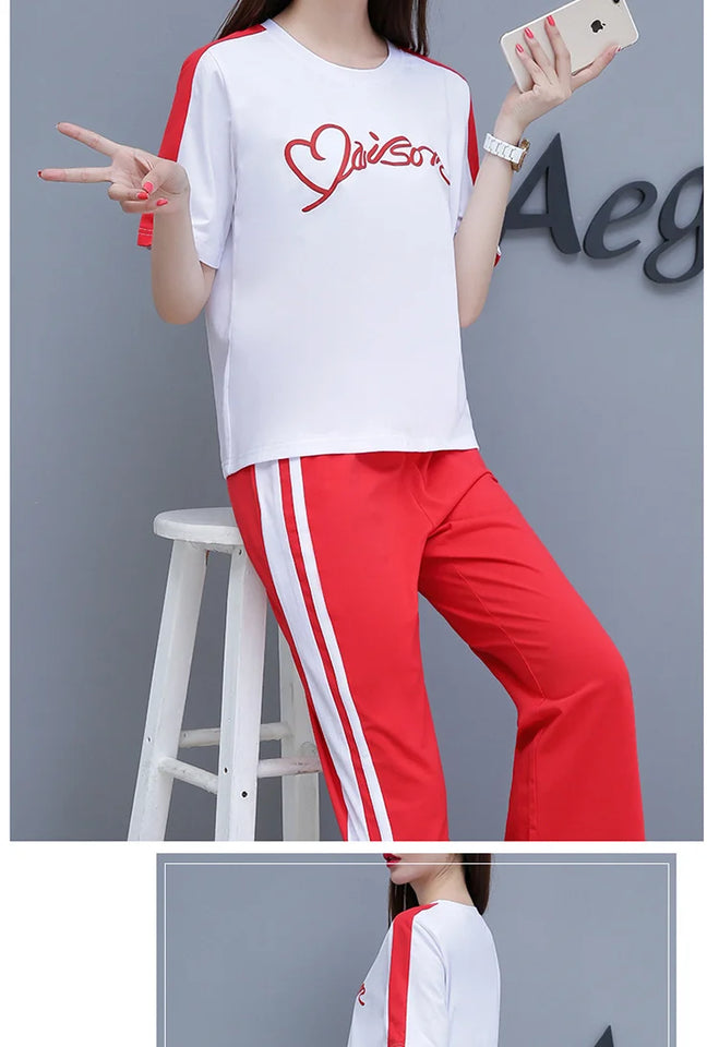 Women’s Casual Sports Suit – 2-Piece Summer Set, Short Sleeve Top & Wide Leg Pants | بدلة رياضية نسائية كاجوال – طقم مكون من قطعتين، قميص بأكمام قصيرة وسروال واسع