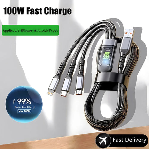 100W Fast Charging 3-in-1 Cable Universal USB Cable for Type-C, iPhone & Micro Devices