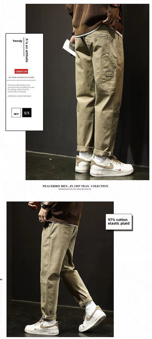 Autumn Winter Men's Vintage Slim Pants Fashion Business Casual Cotton Solid Straight Elastic Waist Trousers Male Brand Clothing