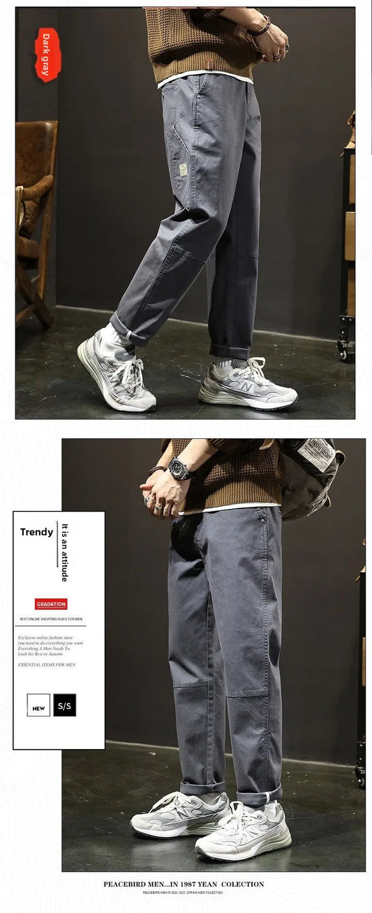 Autumn Winter Men's Vintage Slim Pants Fashion Business Casual Cotton Solid Straight Elastic Waist Trousers Male Brand Clothing
