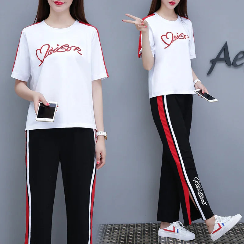 Women’s Casual Sports Suit – 2-Piece Summer Set, Short Sleeve Top & Wide Leg Pants | بدلة رياضية نسائية كاجوال – طقم مكون من قطعتين، قميص بأكمام قصيرة وسروال واسع
