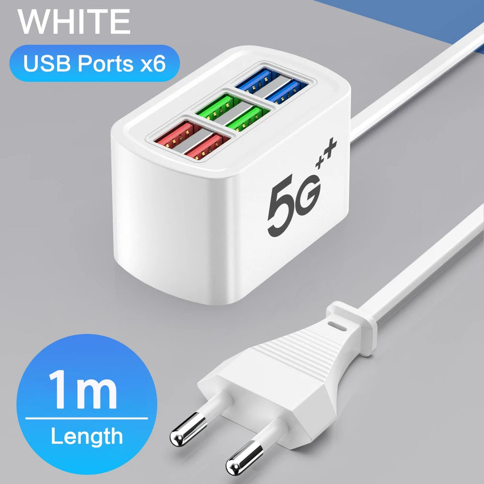 Fast USB Charger 6-in-1 Desktop Charging Station – 1m Cord, USB Hub | شاحن USB سريع 6 في 1 – محطة شحن مكتبية، سلك 1م، هاب USB