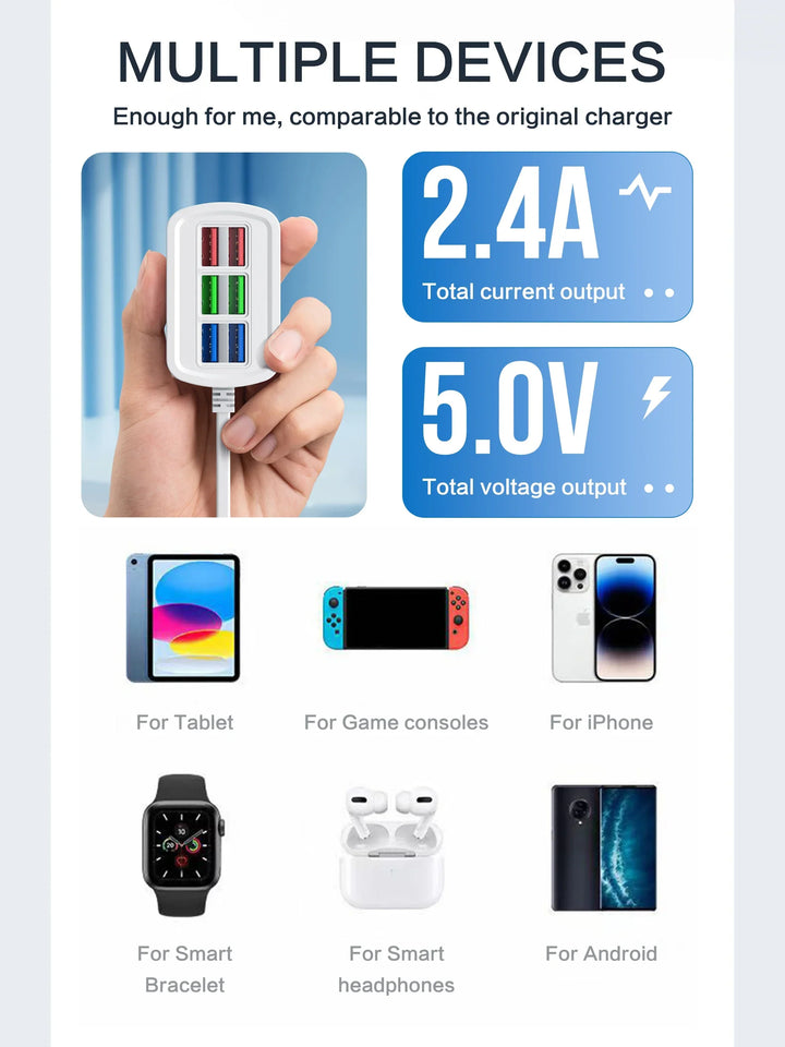 Fast USB Charger 6-in-1 Desktop Charging Station – 1m Cord, USB Hub | شاحن USB سريع 6 في 1 – محطة شحن مكتبية، سلك 1م، هاب USB