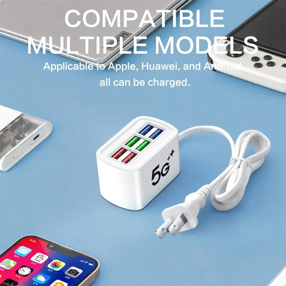 Fast USB Charger 6-in-1 Desktop Charging Station – 1m Cord, USB Hub | شاحن USB سريع 6 في 1 – محطة شحن مكتبية، سلك 1م، هاب USB